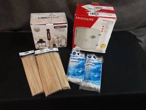 lot 27 image: Link Chef Hand Blender, Frigidaire Mini Beverage Cooler, 3 Packs of Kabob Sticks, & 2 Packs of Earth Friendly Straws
