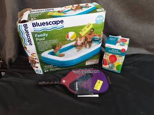 lot 30 image: Opened Bluescape Family Pool, Pickleball Racket, & Balloon Inflator