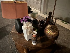 lot 88 image: Large Assortment of Vases, 1 Lamp, Misc Decor (table not included)