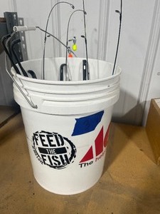 Bucket of Ice Fishing rods and misc