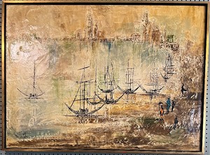 lot 25 image: Mid Century VAN HOOPLE Oil on Board - Boats in Harbor