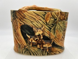 lot 4 image: Antique WELLER POTTERY - Woodcraft Flower Frog Vase with Foxes in Den