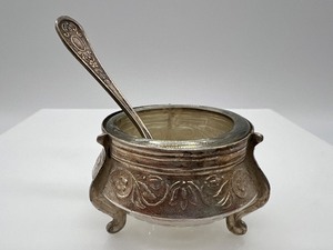 lot 12 image: Vintage Russian OMMET Silver Ornate Salt Cellar Glass Holder with Spoon