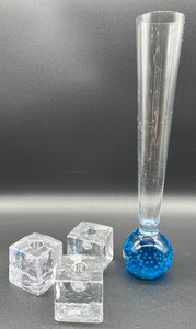 lot 90 image: Mid Century Art Glass Controlled Bubbles Stem Vase and 3 Konst Glashyttan Urshult Candle Holders