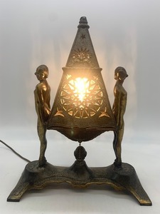 lot 39 image: Vintage ART DECO FRANKART Nude Females Carrying an Egyptian Pyramid Table Lamp