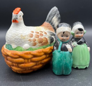 lot 145 image: Vintage STAFFORDSHIRE Bisque Hen on Nest and Porcelain German Figurine Salt and Pepper Shakers