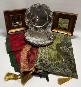 lot 245 image: Holiday Delights Table Runners, Gold Mirrors and 8 Silver Plate Chargers