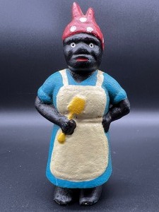 lot 258 image: Vintage Black Americana - Cast Iron Mammy Bank - Red Scarf, Blue Dress