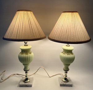 lot 158 image: Pair of Vintage Hand Painted Satin Glass Lamps with Marble Base