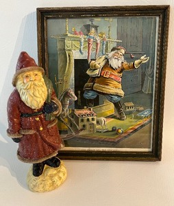 lot 162 image: Vintage Santa Print And Filled All the Stockings and Santa Figurine
