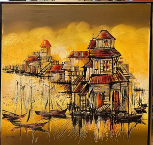 lot 167 image: Vintage Mid Century GREGG Painting - Boats in Harbor