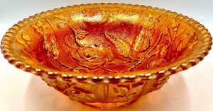 lot 205 image: Vintage IMPERIAL Rose Raised Pattern Marigold CARNIVAL GLASS Decorative Bowl