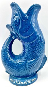 lot 206 image: Vintage PLYMOUTH GIN Gluggle Gurgle Cod Fish Pitcher Vase in Blue
