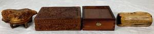 lot 150 image: Wooden Box Collection - Locking carved wood box, Maple Burl & Koa Storage Box and Wooden box w Hidden Boxes