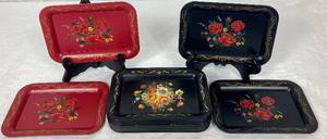 lot 157 image: Vintage Red & Black Floral Mini Metal Trays - 15 pieces