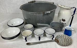 lot 154 image: Vintage Graniteware and Enamelware Collection- Bowls, Cups, Pitcher, Large Cookpot with strainer and ladle