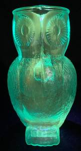 lot 28 image: Kanawha Glass Co. Blue Owl Pitcher -Uranium Glass