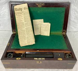 lot 166 image: Antique Writing Desk Edwin B Nash with a copy of the Boston Daily Globe from January 24, 1876