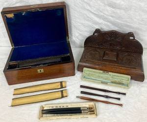 lot 167 image: Antique Walnut Travel Writing Desk and Wooden Craved Ink Well Desk Set with Vintage Fountain Pens