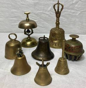 lot 74 image: Collection of Small Brass Bells including Antique Hotel Lobby Bell