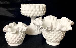 lot 71 image: Fenton Compote Dish 5.25 , 6 Round Crimped Bowl and 4 Double Crimped Vase Hobnail Milk Glass