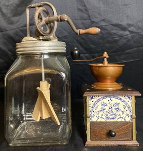 lot 88 image: Vintage Coffee Grinder and Antique Butter Churn Dazey 4 Qt.
