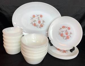 lot 101 image: Vintage Anchor Hocking White Fire King Fleurette 12 Platter, 7.5 Salad Plates, Bowls - (5) 3.75 round bowls and (5) 5 bowls