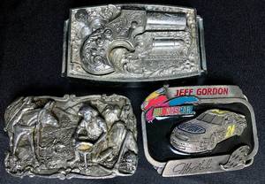lot 104 image: Belt Buckle Bundle - 1981 Arroyo Grande Panning for Gold Buckle, Vintage 1959 Mattel Toy Remington 1867 Derringer, 1995 Jeff Gordon Nascar Belt Buckle Enamel & Brass