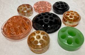 lot 37 image: Vintage Glass Flower Frogs- Fenton Jadeite, Black Glass, Pink Glass and Carnival Glass