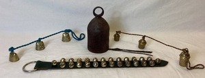 lot 46 image: Vintage Bells Collection - Giant Cow Bell, Sleigh Bells Belsnickel Enterprises, 2 strings of brass bells