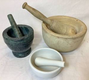 lot 33 image: 3 Vintage Mortar & Pestle - Marble, Porcelain and Wood