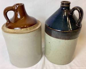 lot 70 image: Vintage Primitive Stoneware Whiskey Jugs