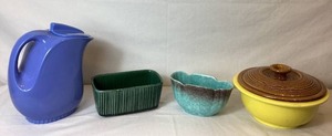 lot 76 image: Vintage Mid Century Pottery - Hall Pitcher, Hull F467 Planter, Retro Covered Dish and Turquoise Vase