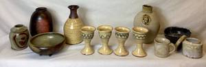 lot 96 image: Pottery Collection of Goblets, Decantar, Vases, Lidded Jar and Bowls