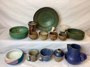 lot 98 image: Vintage Stoneware Pottery of Greens, Blues, Brown and Asst Colors