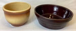 lot 102 image: Vintage Brown Glazed USA Dutch Oven Bean Pot and Watt Ware Eve-N-Bake Stoneware Mixing Bowl