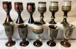lot 93 image: Stoneware Pottery Goblet Collection - 11 pieces- Neutrals, Tans, Brown and Black
