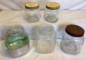 lot 110 image: Vintage Glass Jar Lot - Nashs Roasted Coffee, Mariner Gaffelbiter, Hankscraft Steam Vaporizer Jars