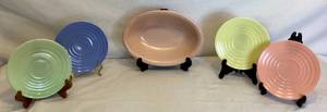 lot 112 image: 4 Vintage Hazel Atlas Modertone Glassware 5.75 Plates and Vintage Franciscan Pastel Pink Oval Bowl