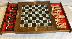 lot 140 image: Vintage Folding Chinese Chess Set - Carved Board and Pieces