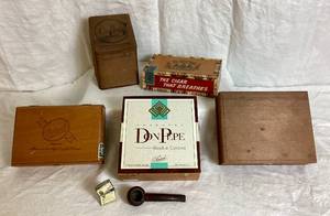 lot 105 image: Cigar Boxes, Chesterfield Cigarettes Lighter and Vintage Pipe