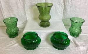 lot 107 image: Vintage Green Vases and Bowls - NapcoSoreno Ridged Vase, A L R CO Emerald Green Glass VaseBowl and EO Brody Large Dimpled Vase