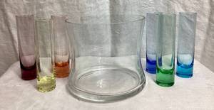 lot 146 image: Vintage Set of 6 Rainbow Shooter Tall Shot Glass with Clear Ice Bucket