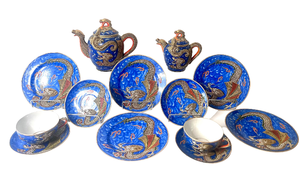 lot 14 image: Blue & Orange Kutani Geisha Lithophane Moriage -Vintage Japanese Dragonware Tea Set