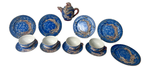 lot 15 image: Blue & Brown Kutani Geisha Lithophane Moriage -Vintage Japanese Dragonware Tea Set