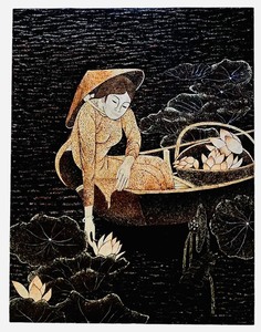 lot 1 image: Vietnamese Girl With Lotus Eggshell Inlay Artwork