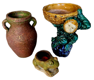 lot 67 image: Majolica Monkey Planter, Double Handled Pottery Vase and Ceramic Frog Candle Holder