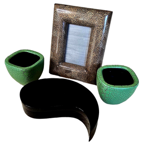 lot 83 image: Two Green Planter Vases, Keepsake Box & Crackled Eggshell Picture Frame