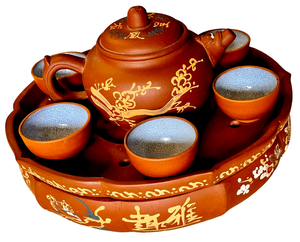 lot 21 image: Hot Sake Clay Tea Pot & Eggshell Inlay O-Choko Cups