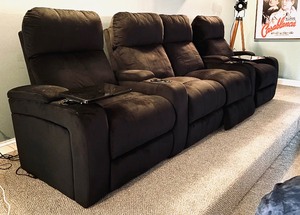 lot 8 image: Brown Microsuede Reclining Theater Seats  Set of Four Reclining Home Theatre Seats